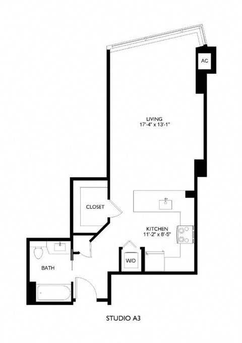 A black and white floor plan of a studio apartment.